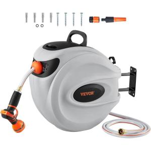 imageVEVOR Retractable Hose Reel 65 ft x 58 inch 180 Swivel Bracket WallMounted Garden Water Hose Reel with 9Pattern Nozzle Automatic Rewind Lock at Any Length and Slow Return System84 ft