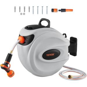 imageVEVOR Retractable Hose Reel 65 ft x 58 inch 180 Swivel Bracket WallMounted Garden Water Hose Reel with 9Pattern Nozzle Automatic Rewind Lock at Any Length and Slow Return System65 ft
