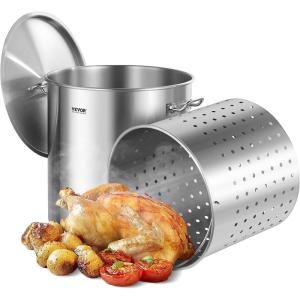imageVEVOR Stainless Steel Stockpot 84 Quart Large Cooking Pots Cookware Sauce Pot with Basket Lid and Handle Heavy Duty Commercial Grade Stock Pot Sanding Treatment for Large Groups Events Silver84 Quarts