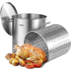 imageVEVOR Stainless Steel Stockpot 84 Quart Large Cooking Pots Cookware Sauce Pot with Basket Lid and Handle Heavy Duty Commercial Grade Stock Pot Sanding Treatment for Large Groups Events Silver571 Quarts