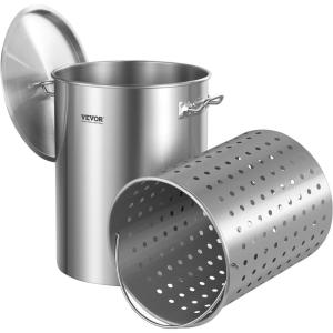 imageVEVOR Stainless Steel Stockpot 84 Quart Large Cooking Pots Cookware Sauce Pot with Basket Lid and Handle Heavy Duty Commercial Grade Stock Pot Sanding Treatment for Large Groups Events Silver359 Quarts