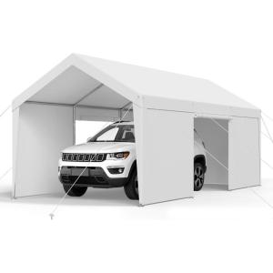 imageVEVOR Upgraded 10x20 FT Heavy Duty Carport Canopy with Rollup Windows AllSeason Portable Garage with Removable Sidewalls ampamp Doors 12 Stakes ampamp 12 Ropes Car Tent for Car Truck Boat EquipmentPE Carport with Sidewall  White