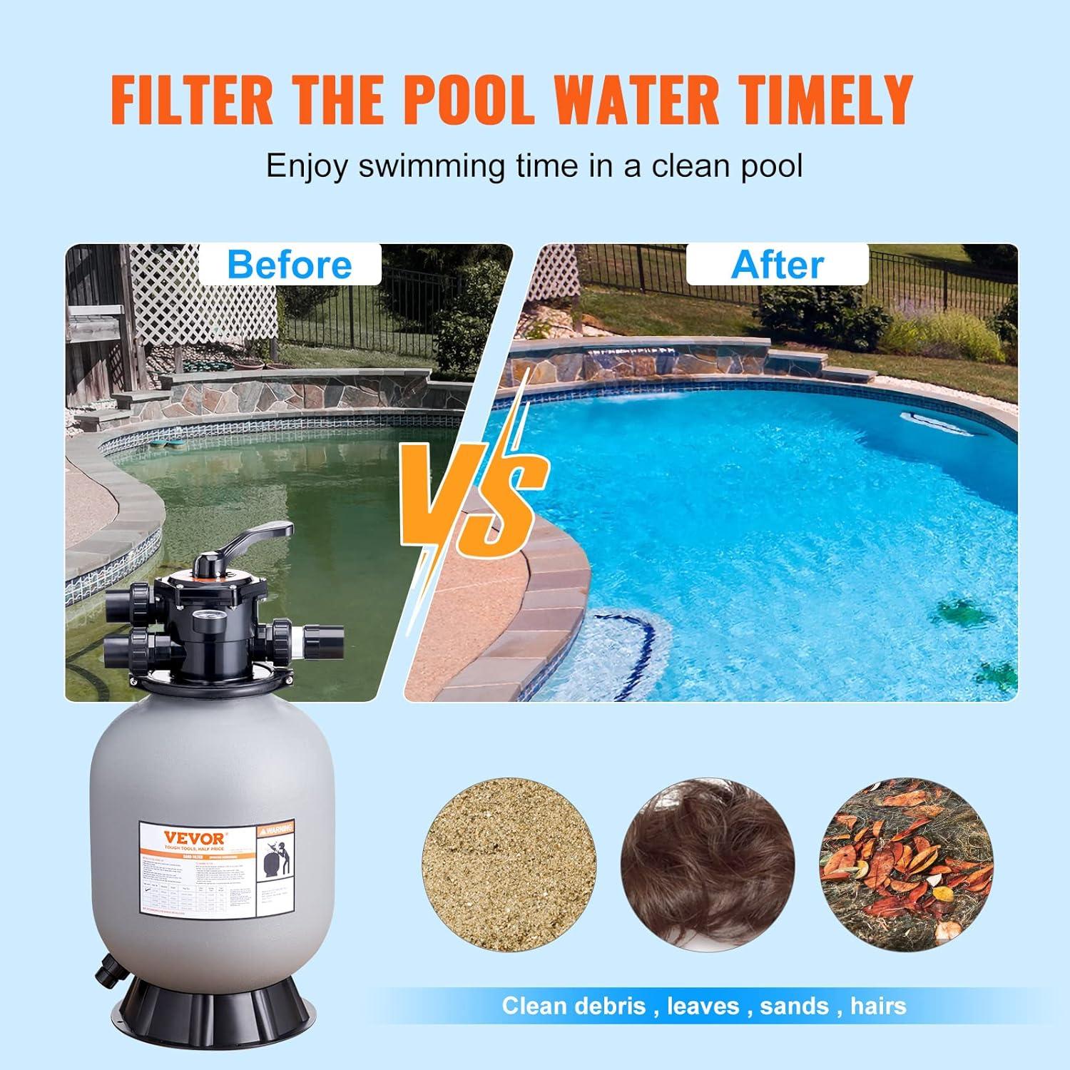 imageVEVOR Sand Filter 19inch Up to 45 GPM Flow Rate Above Inground Swimming Pool Sand Filter System with 7Way MultiPort Valve Filter Backwash Rinse Recirculate Waste Winter Closed Functions16 inch