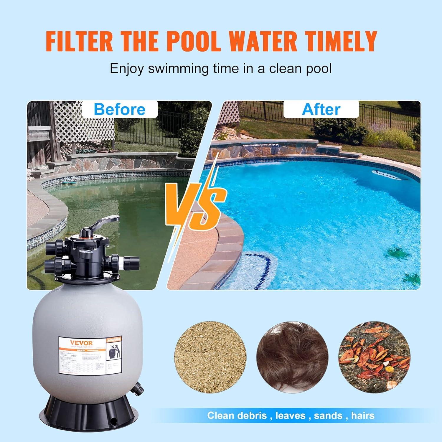 imageVEVOR Sand Filter 19inch Up to 45 GPM Flow Rate Above Inground Swimming Pool Sand Filter System with 7Way MultiPort Valve Filter Backwash Rinse Recirculate Waste Winter Closed Functions19 inch
