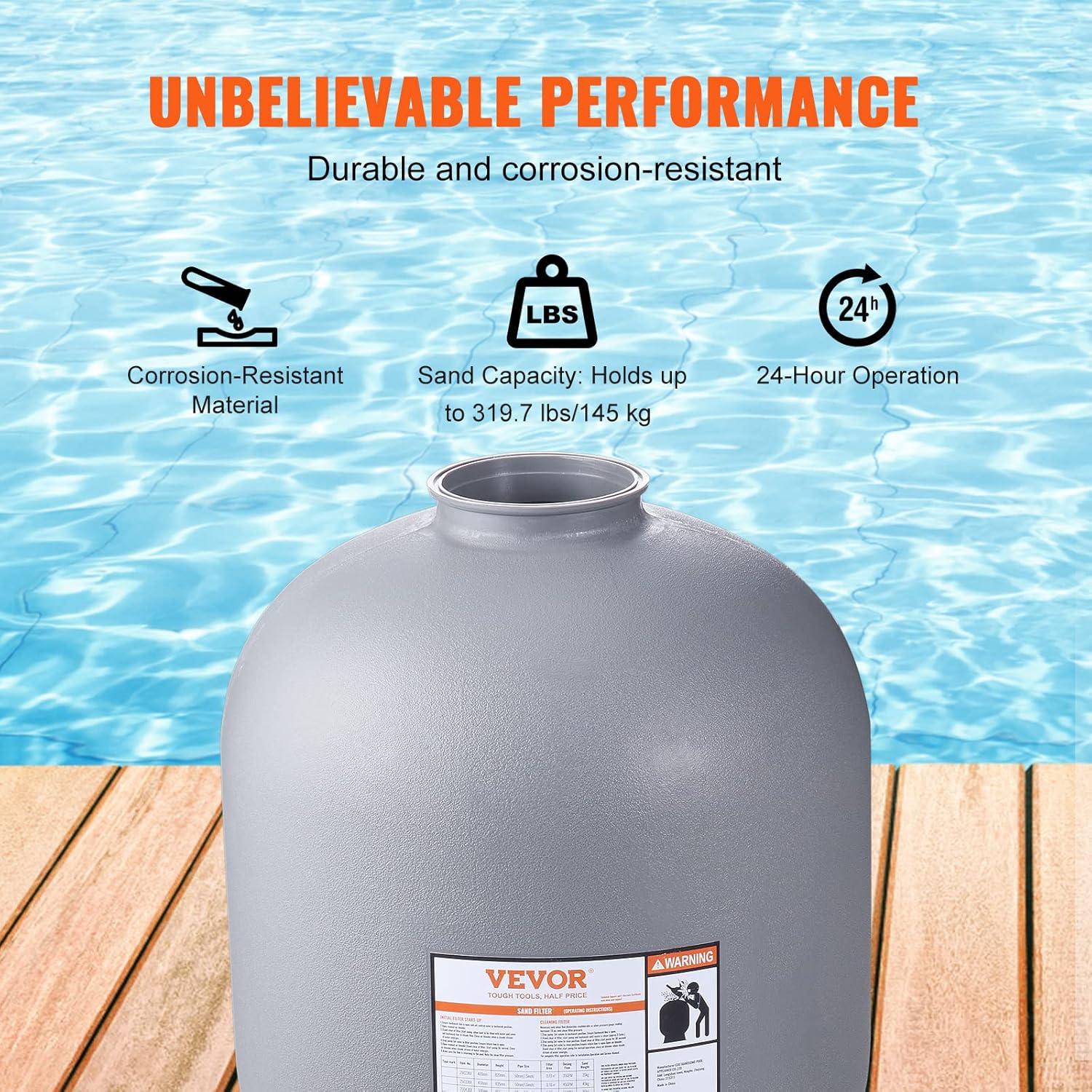 imageVEVOR Sand Filter 19inch Up to 45 GPM Flow Rate Above Inground Swimming Pool Sand Filter System with 7Way MultiPort Valve Filter Backwash Rinse Recirculate Waste Winter Closed Functions24 inch