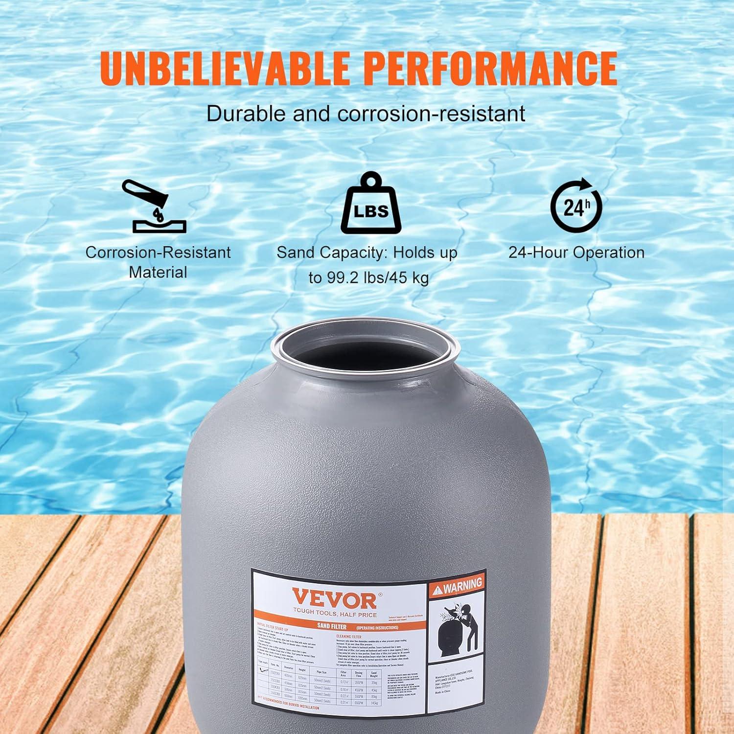 imageVEVOR Sand Filter 19inch Up to 45 GPM Flow Rate Above Inground Swimming Pool Sand Filter System with 7Way MultiPort Valve Filter Backwash Rinse Recirculate Waste Winter Closed Functions19 inch