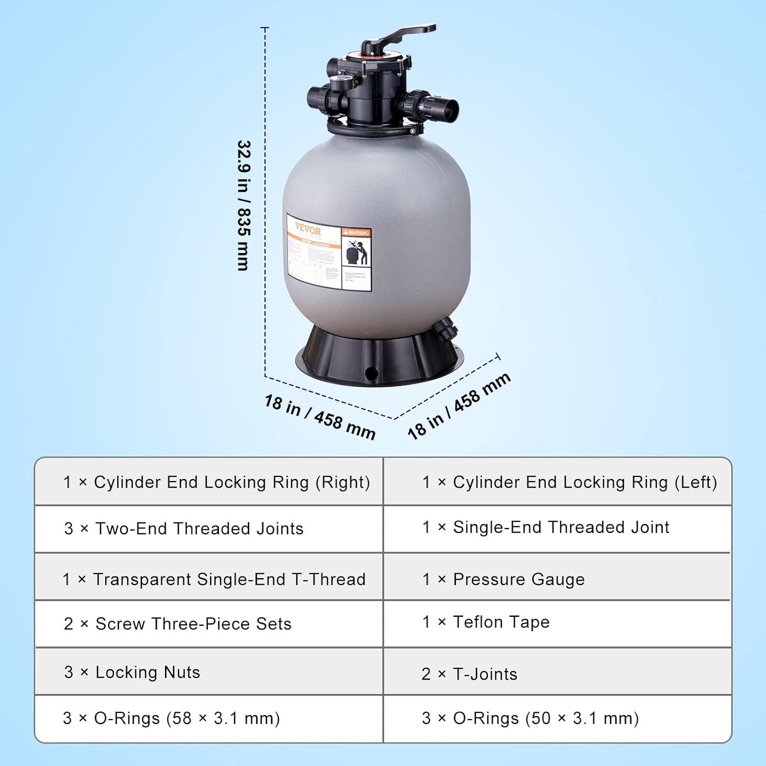 imageVEVOR Sand Filter 19inch Up to 45 GPM Flow Rate Above Inground Swimming Pool Sand Filter System with 7Way MultiPort Valve Filter Backwash Rinse Recirculate Waste Winter Closed Functions19 inch