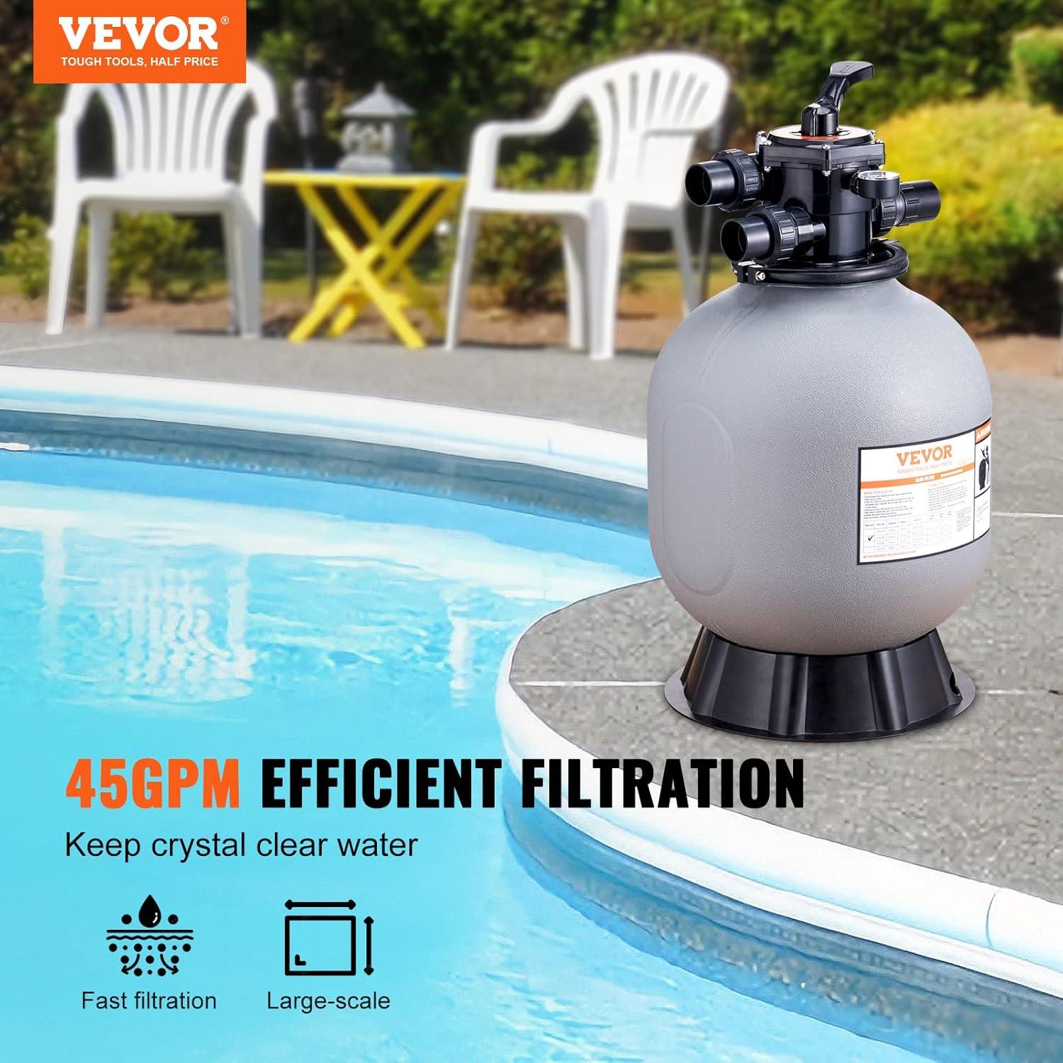 imageVEVOR Sand Filter 19inch Up to 45 GPM Flow Rate Above Inground Swimming Pool Sand Filter System with 7Way MultiPort Valve Filter Backwash Rinse Recirculate Waste Winter Closed Functions19 inch