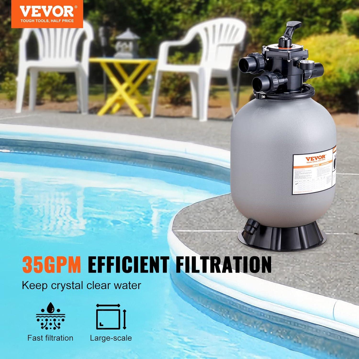 imageVEVOR Sand Filter 19inch Up to 45 GPM Flow Rate Above Inground Swimming Pool Sand Filter System with 7Way MultiPort Valve Filter Backwash Rinse Recirculate Waste Winter Closed Functions16 inch