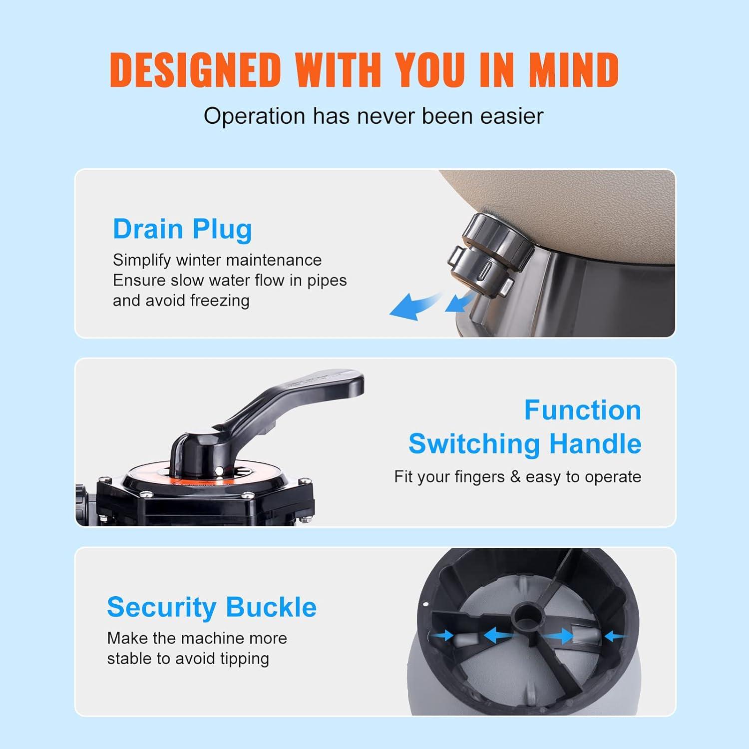 imageVEVOR Sand Filter 19inch Up to 45 GPM Flow Rate Above Inground Swimming Pool Sand Filter System with 7Way MultiPort Valve Filter Backwash Rinse Recirculate Waste Winter Closed Functions19 inch
