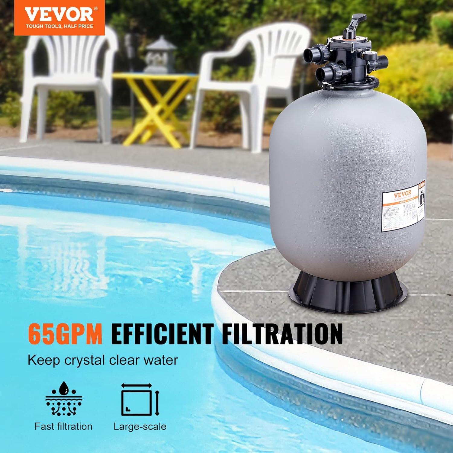 imageVEVOR Sand Filter 19inch Up to 45 GPM Flow Rate Above Inground Swimming Pool Sand Filter System with 7Way MultiPort Valve Filter Backwash Rinse Recirculate Waste Winter Closed Functions24 inch