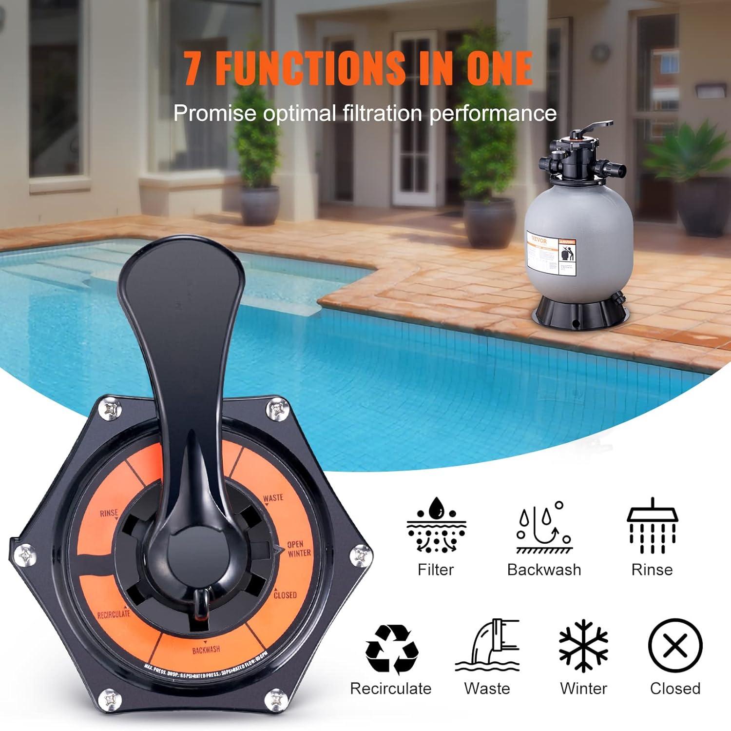 imageVEVOR Sand Filter 19inch Up to 45 GPM Flow Rate Above Inground Swimming Pool Sand Filter System with 7Way MultiPort Valve Filter Backwash Rinse Recirculate Waste Winter Closed Functions19 inch