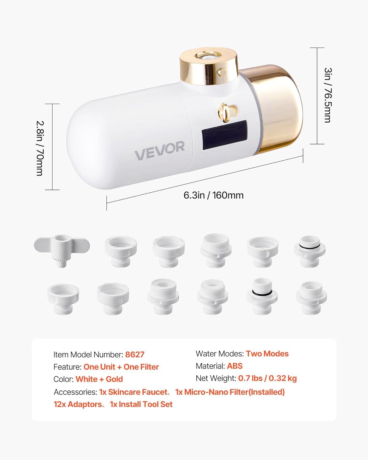 imageVEVOR Skincare Water Filter Faucet Mount Water Filters with MicroNano Bubble for Skin Sink Tap Purifier Removes Chlorine with 1 Filter for Kitchen and Bathroom Faucets White  Gold