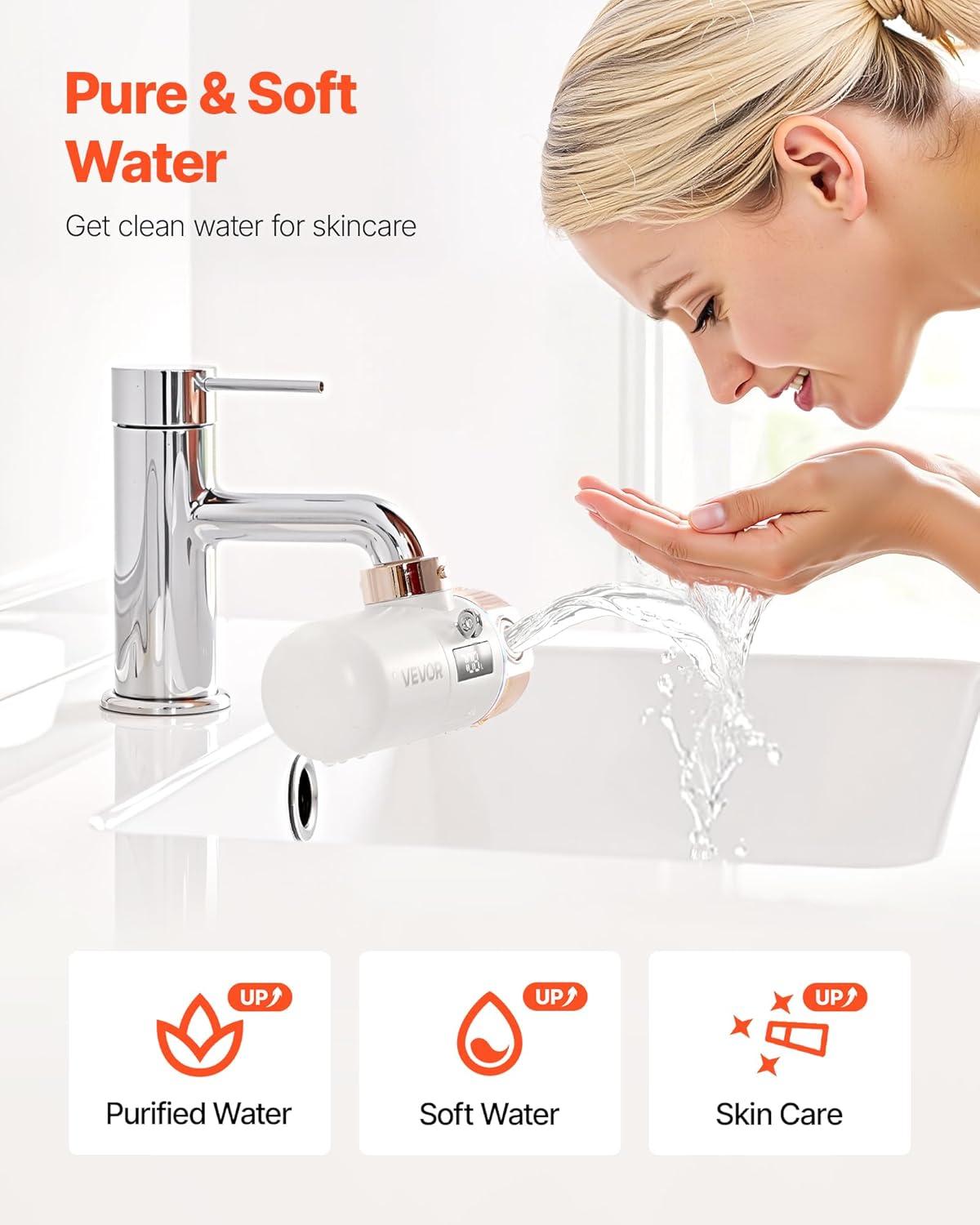 imageVEVOR Skincare Water Filter Faucet Mount Water Filters with MicroNano Bubble for Skin Sink Tap Purifier Removes Chlorine with 1 Filter for Kitchen and Bathroom Faucets White  Gold