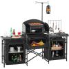 imageVEVOR Camping Kitchen Table Outdoor Camp Cooking Table Aluminum Portable Cook Station with 3 Storage Cupboard Carrying Bag Detachable Windscreen Quick Setup for BBQ Party Picnic RV Travel BlackDeep Black