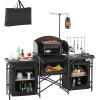 imageVEVOR Camping Kitchen Table Outdoor Camp Cooking Table Aluminum Portable Cook Station with 3 Storage Cupboard Carrying Bag Detachable Windscreen Quick Setup for BBQ Party Picnic RV Travel BlackDeep Black
