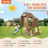 imageVEVOR Wooden Swing Set 10 in 1 Playground Sets for Backyards 2 Swings 6FT Slide Trapeze Bar Flat Step LadderLarge Upper Fort with Kitchen Toys Rock Wall Picnic Table Sandbox Scaling Ladder9 in 1