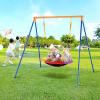 imageVEVOR Wooden Swing Set 10 in 1 Playground Sets for Backyards 2 Swings 6FT Slide Trapeze Bar Flat Step LadderLarge Upper Fort with Kitchen Toys Rock Wall Picnic Table Sandbox Scaling LadderSaucer