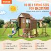 imageVEVOR Wooden Swing Set 10 in 1 Playground Sets for Backyards 2 Swings 6FT Slide Trapeze Bar Flat Step LadderLarge Upper Fort with Kitchen Toys Rock Wall Picnic Table Sandbox Scaling Ladder10 in 1