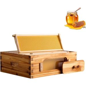 imageVEVOR 10 Frame Deep Brood Bee Hive Box Bee Box Dipped in 100 Beeswax Langstroth Beehive Kit with 10 Frames and Foundations Sheets and Transparent Acrylic Windows for Beekeeping SupplementMedium Super Box