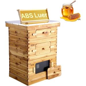 imageVEVOR 10 Frame Deep Brood Bee Hive Box Bee Box Dipped in 100 Beeswax Langstroth Beehive Kit with 10 Frames and Foundations Sheets and Transparent Acrylic Windows for Beekeeping SupplementDeep Box x 2 Medium Box x 1