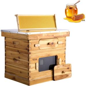 imageVEVOR 10 Frame Deep Brood Bee Hive Box Bee Box Dipped in 100 Beeswax Langstroth Beehive Kit with 10 Frames and Foundations Sheets and Transparent Acrylic Windows for Beekeeping SupplementDeep Box x 1 Medium Box x 1