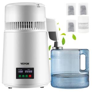 imageVEVOR 11 Gal Water Distiller 03 GalH Distilled Water Maker Machine 750W 099H Timing Set Temp Display 304 Stainless Steel Countertop Distiller Glass Carafe Cleaning Powder 3 Carbon Packs SilverWhite
