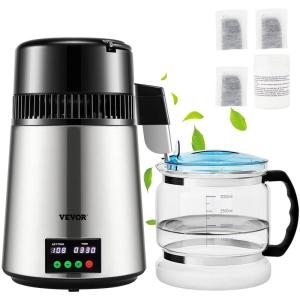 imageVEVOR 11 Gal Water Distiller 03 GalH Distilled Water Maker Machine 750W 099H Timing Set Temp Display 304 Stainless Steel Countertop Distiller Glass Carafe Cleaning Powder 3 Carbon Packs SilverSilver