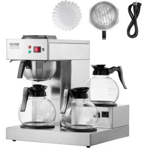 imageVEVOR 12 Cups Commercial Drip Coffee Maker Coffee Maker Machine with 3 Glass Carafes and 3 Warmer Plates Stainless Steel Pour Over Coffee Brewer for Restaurant Office Cafe3 Warmer Plates