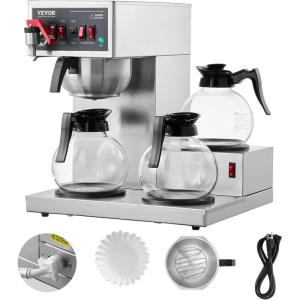 imageVEVOR 12 Cups Commercial Drip Coffee Maker Coffee Maker Machine with 3 Glass Carafes and 3 Warmer Plates Stainless Steel Pour Over Coffee Brewer for Restaurant Office Cafe3 Warmer Plates  Auto Water Intake