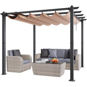 imageVEVOR 12x16 Outdoor Retractable Pergola with Canopy Aluminum Pergola with Retractable Canopy Modern Style Sun Shade for Patios Gardens Decks Backyards BeigeBeige