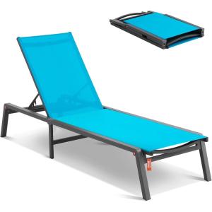 imageVEVOR 2 Pcs Chaise Lounge Chairs Outdoor Aluminum Patio Lounge Chair with Adjustable 5Position Folding Pool Chairs Recliner and Full Flat Tanning Chair for Patio Beach Pool Blue 2 pcsBlue