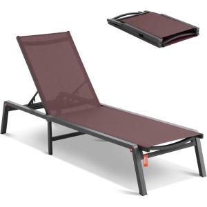 imageVEVOR 2 Pcs Chaise Lounge Chairs Outdoor Aluminum Patio Lounge Chair with Adjustable 5Position Folding Pool Chairs Recliner and Full Flat Tanning Chair for Patio Beach Pool Blue 2 pcsBrown