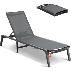 imageVEVOR 2 Pcs Chaise Lounge Chairs Outdoor Aluminum Patio Lounge Chair with Adjustable 5Position Folding Pool Chairs Recliner and Full Flat Tanning Chair for Patio Beach Pool Blue 2 pcsDark Grey