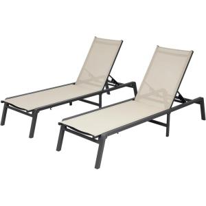 imageVEVOR 2 Pcs Chaise Lounge Chairs Outdoor Aluminum Patio Lounge Chair with Adjustable 5Position Folding Pool Chairs Recliner and Full Flat Tanning Chair for Patio Beach Pool Blue 2 pcsKhaki