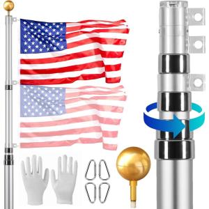 imageVEVOR 20FT Telescoping Flag Pole Kit Heavy Duty Aluminum Alloy in Ground Flag Poles for Outside 3 Display Modes Flagpole with 3x5 American Flag Professional Accessories SilverSilver