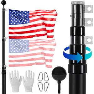 imageVEVOR 20FT Telescoping Flag Pole Kit Heavy Duty Aluminum Alloy in Ground Flag Poles for Outside 3 Display Modes Flagpole with 3x5 American Flag Professional Accessories SilverBlack