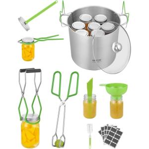 imageVEVOR 21 QT Canning Pot with Rack and Lid Stainless Steel Waterbath Canner with Dual Handle and Glass Lid Compatible with All Cooktops Induction Gas Electric Glass Ceramic Halogen21QT8PCS