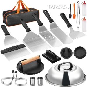 imageVEVOR 28PCS Griddle Accessories Kit Flat Top Grill Accessory Enlarged Spatula Gift Set Stainless Steel Grilling Tools with Basting Cover Tong Burger Press Carry Bag for Outdoor BBQ Teppanyaki