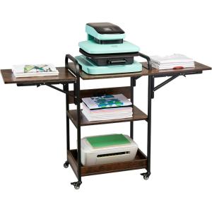 imageVEVOR 3 Tier Movable Heat Press Table Foldable Heat Transfer Machine Stand with Vinyl Roll Holder Heavy Duty Rolling Metal Workbench for DIY Sublimation Transfer Machine and Printer3 Tier  Brown With Charge Station
