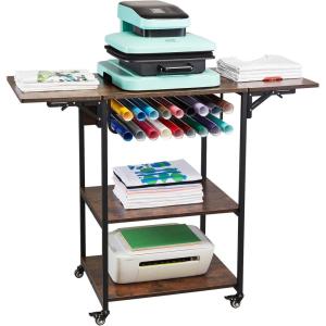 imageVEVOR 3 Tier Movable Heat Press Table Foldable Heat Transfer Machine Stand with Vinyl Roll Holder Heavy Duty Rolling Metal Workbench for DIY Sublimation Transfer Machine and Printer3 Tier  Brown