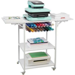 imageVEVOR 3 Tier Movable Heat Press Table Foldable Heat Transfer Machine Stand with Vinyl Roll Holder Heavy Duty Rolling Metal Workbench for DIY Sublimation Transfer Machine and Printer3 Tier  White