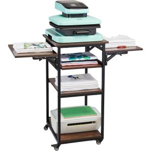 imageVEVOR 3 Tier Movable Heat Press Table Foldable Heat Transfer Machine Stand with Vinyl Roll Holder Heavy Duty Rolling Metal Workbench for DIY Sublimation Transfer Machine and Printer4 Tier  Brown With Charge Station