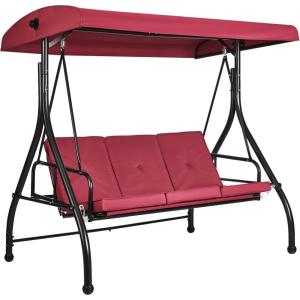 imageVEVOR 3Seat Patio Swing Chair Outdoor Patio Swing with Adjustable Canopy Porch Swing with Armrests Teslin Fabric and Alloy Steel Frame for Balcony Backyard Patio Garden Poolside BrownBurgundy