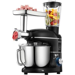 imageVEVOR 3in1 Multifunctional Stand Mixer 6QT Stainless Steel Bowl 660W 6P Speeds Tilthead Food Mixer with Dough Hook Wire Whip Flat Beater Meat Grinder Juice Blender for Baking Mixing Black3in16 QTBlack