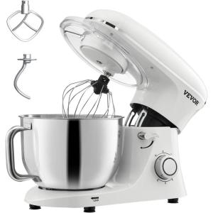 imageVEVOR 3in1 Multifunctional Stand Mixer 6QT Stainless Steel Bowl 660W 6P Speeds Tilthead Food Mixer with Dough Hook Wire Whip Flat Beater Meat Grinder Juice Blender for Baking Mixing Black6 QTWhite