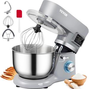 imageVEVOR 3in1 Multifunctional Stand Mixer 6QT Stainless Steel Bowl 660W 6P Speeds Tilthead Food Mixer with Dough Hook Wire Whip Flat Beater Meat Grinder Juice Blender for Baking Mixing Black58 QTGray