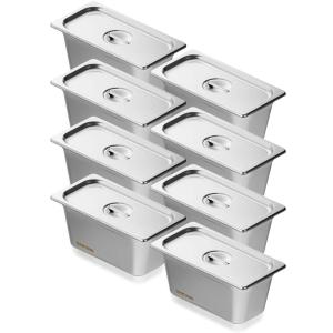 imageVEVOR 4 Pack Stainless Steel Hotel Pans with lidFull Size 4 Inch Deep 08mm Thick AntiJam Commercial Food Pans for Steam Tables Restaurants Catering ampamp Industrial Use6 Deep 8 PackThickened