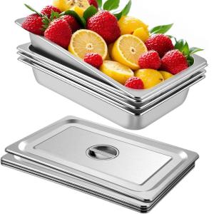 imageVEVOR 4 Pack Stainless Steel Hotel Pans with lidFull Size 4 Inch Deep 08mm Thick AntiJam Commercial Food Pans for Steam Tables Restaurants Catering ampamp Industrial Use4 Deep 4 PackThickened
