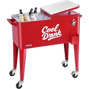 imageVEVOR 80 Quart Rolling Ice Chest Holds up to 50 Bottles  110 Cans Portable Patio Party Bar Drink Cooler Cart with 4 Swivel Casters 2 with Brakes Beverage Cooler Trolley with Bottle Opener Red